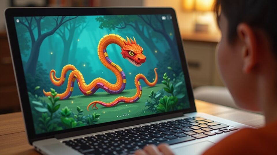 Serpent de blocs colorés sur écran d'ordinateur, joueurs passionnés en arrière-plan